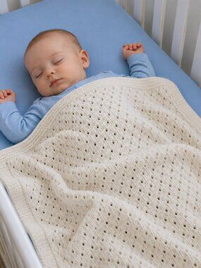 Hand Crocheted White Baby Blanket Med. Worsted Weight Cotton Blend Yarn 43"X36"